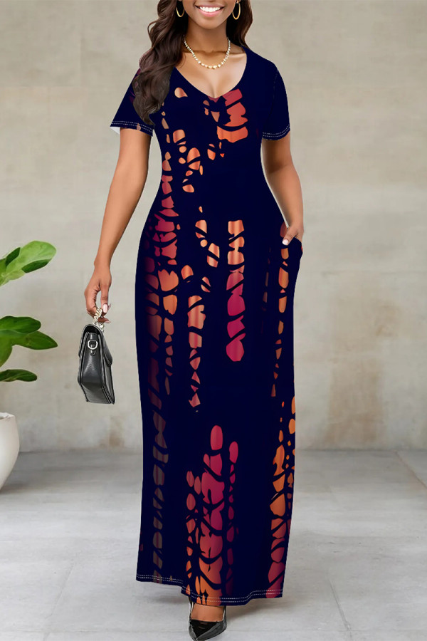 Navy Blue Casual Striped Print Pocket Contrast V Neck Printed Dresses