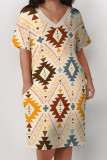 Apricot Casual Geometric Print Pocket Contrast V Neck Printed Plus Size Dresses