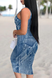 Medium Blue Sexy Faux Denim Print Contrast U Neck Printed Dresses