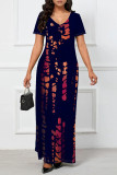 Navy Blue Casual Striped Print Pocket Contrast V Neck Printed Dresses