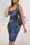 Medium Blue Sexy Faux Denim Print Contrast U Neck Printed Dresses