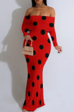 Red Sexy Polka Dot Patchwork Off Shoulder Long Dresses
