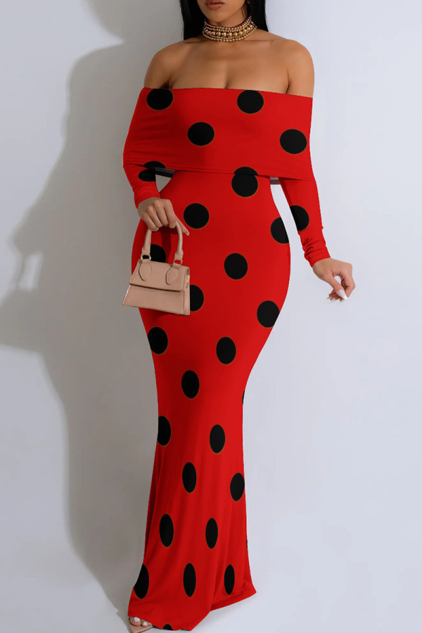 Red Sexy Polka Dot Patchwork Off Shoulder Long Dresses