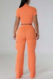 Orange Casual Solid Color Pocket O Neck Short Sleeve Two Pieces