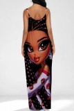 Rose Red Casual Figure Print Backless Spaghetti Strap Long Dresses