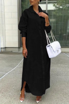 Black Casual Solid Color Buttons Turndown Collar Shirt Dresses
