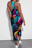 Multicolor Casual Print Patchwork Spaghetti Strap Regular Jumpsuits