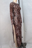 Dark Brown Sexy Leopard Print Patchwork See-Through High Slit O Neck Long Dresses