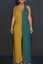Green Yellow Casual Solid Color Pocket Lace Up Backless Contrast Halter Loose Jumpsuits