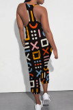 Multicolor Casual Print Patchwork Spaghetti Strap Regular Jumpsuits