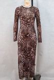 Dark Brown Sexy Leopard Print Patchwork See-Through High Slit O Neck Long Dresses
