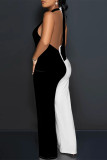 Blue Yellow Casual Solid Color Pocket Lace Up Backless Contrast Halter Loose Jumpsuits