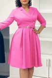 Pink Casual Solid Color With Belt Turndown Collar A Line Dresses