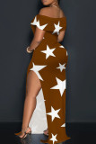 Red Elegant Geometric Print Patchwork Backless High Slit Off Shoulder Long Dresses