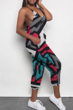 Multicolor Casual Print Patchwork Spaghetti Strap Regular Jumpsuits