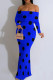 Blue Sexy Polka Dot Patchwork Off Shoulder Long Dresses