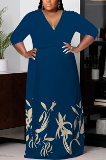 Blue Apricot Casual Print Belted V Neck Long Plus Size Dresses