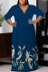 Blue Apricot Casual Print Belted V Neck Long Plus Size Dresses