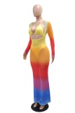 Multi-color Sexy Print Hollow Out Belted Halter Two Pieces
