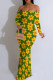 Green Yellow Sexy Flowers Patchwork Backless Off Shoulder Long Dresses