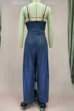 Blue Sexy Casual Solid Color Backless V Neck Bodycon Jumpsuits