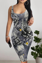 Gray Blue Sexy Faux Denim Print Contrast U Neck Printed Dresses