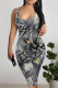 Gray Blue Sexy Faux Denim Print Contrast U Neck Printed Dresses
