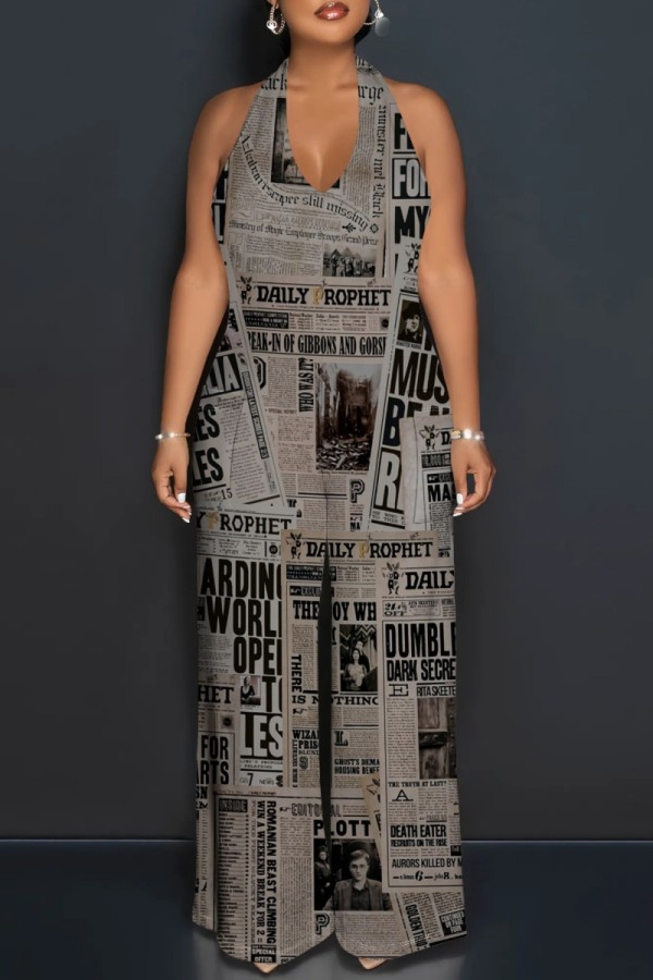 Grey Casual Print Backless Belted Halter Fitted Jumpsuits