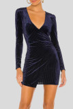 Royal Blue Sexy Solid Color Patchwork Ruched Deep V Neck Wrapped Skirt Dresses