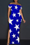 Red Elegant Geometric Print Patchwork Backless High Slit Off Shoulder Long Dresses