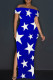 Blue Elegant Geometric Print Patchwork Backless High Slit Off Shoulder Long Dresses