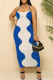 Blue Sexy Striped Print Contrast U Neck Printed Dresses