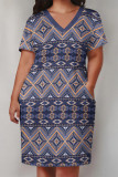 Apricot Casual Geometric Print Pocket Contrast V Neck Printed Plus Size Dresses