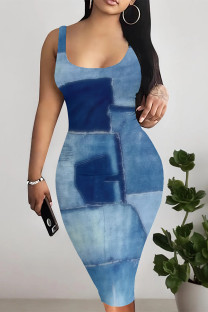 Baby Blue Sexy Faux Denim Print Contrast U Neck Printed Dresses