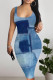Baby Blue Sexy Faux Denim Print Contrast U Neck Printed Dresses