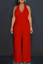 Red Casual Solid Color Lace Up Backless Halter Loose Jumpsuits