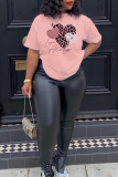Pink Casual Street Letter Print Love Print O Neck T-Shirts