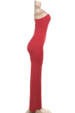 Red Sexy Casual Solid Color Backless Oblique Collar Skinny Jumpsuits