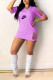 Purple Casual Letter Print Ripped O Neck Short Sleeve Short Sleeve Dress