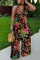 Black Brown Sexy Casual Print Lace Up Backless Halter Bodycon Jumpsuits