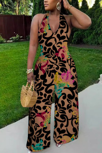 Black Brown Sexy Casual Print Lace Up Backless Halter Bodycon Jumpsuits