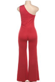 Red Sexy Casual Solid Color Backless Oblique Collar Skinny Jumpsuits
