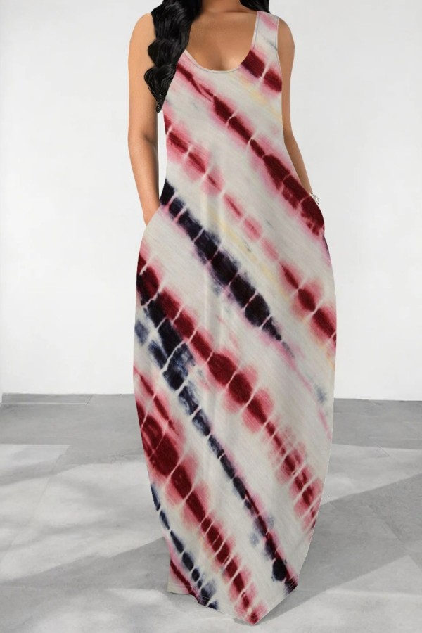Deep Red Casual Print Basic U Neck Long Dresses