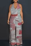 Multicolor Casual Print Backless Belted Halter Fitted Jumpsuits