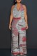 Grey Red Casual Print Backless Belted Halter Fitted Jumpsuits