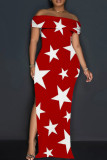 Red Elegant Geometric Print Patchwork Backless High Slit Off Shoulder Long Dresses
