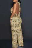 Multicolor Casual Print Backless Belted Halter Fitted Jumpsuits