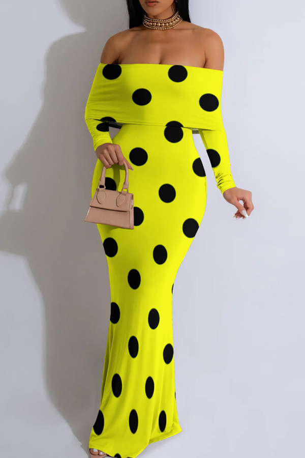Yellow Sexy Polka Dot Patchwork Off Shoulder Long Dresses