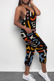 Multicolor Casual Print Patchwork Spaghetti Strap Regular Jumpsuits