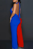 Blue Yellow Casual Solid Color Pocket Lace Up Backless Contrast Halter Loose Jumpsuits
